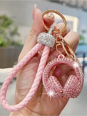Sparkling Pink Headphone Keychain with Braided Wristlet